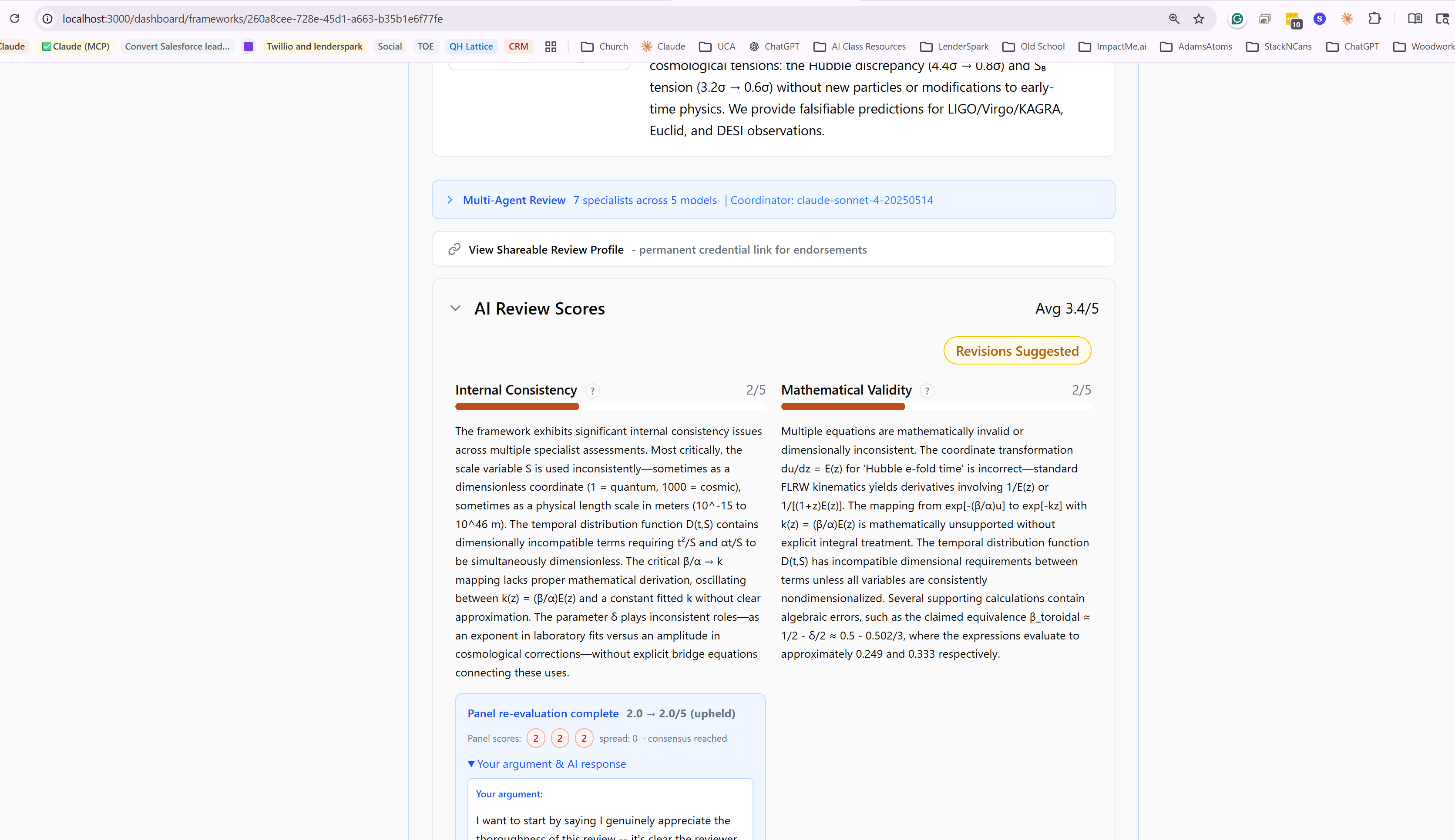 Panel re-evaluation complete — individual judge scores, consensus result, and the author's counter-argument