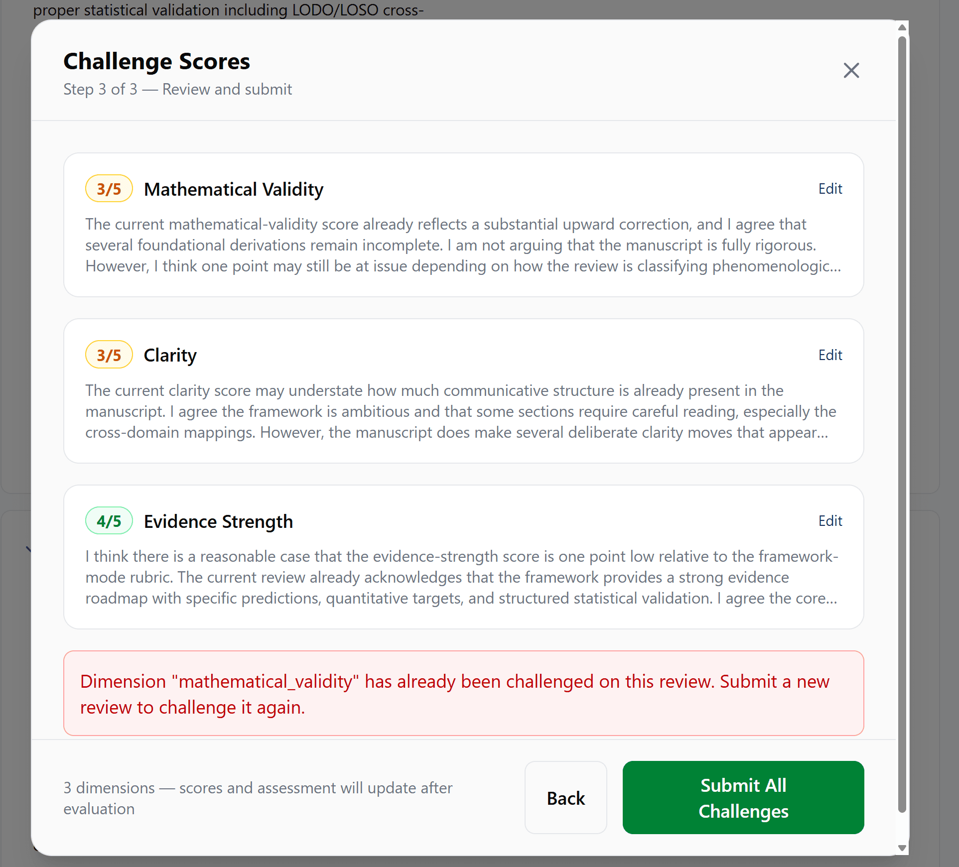 Challenge wizard Step 3 — review your arguments across multiple dimensions before submitting to the AI panel