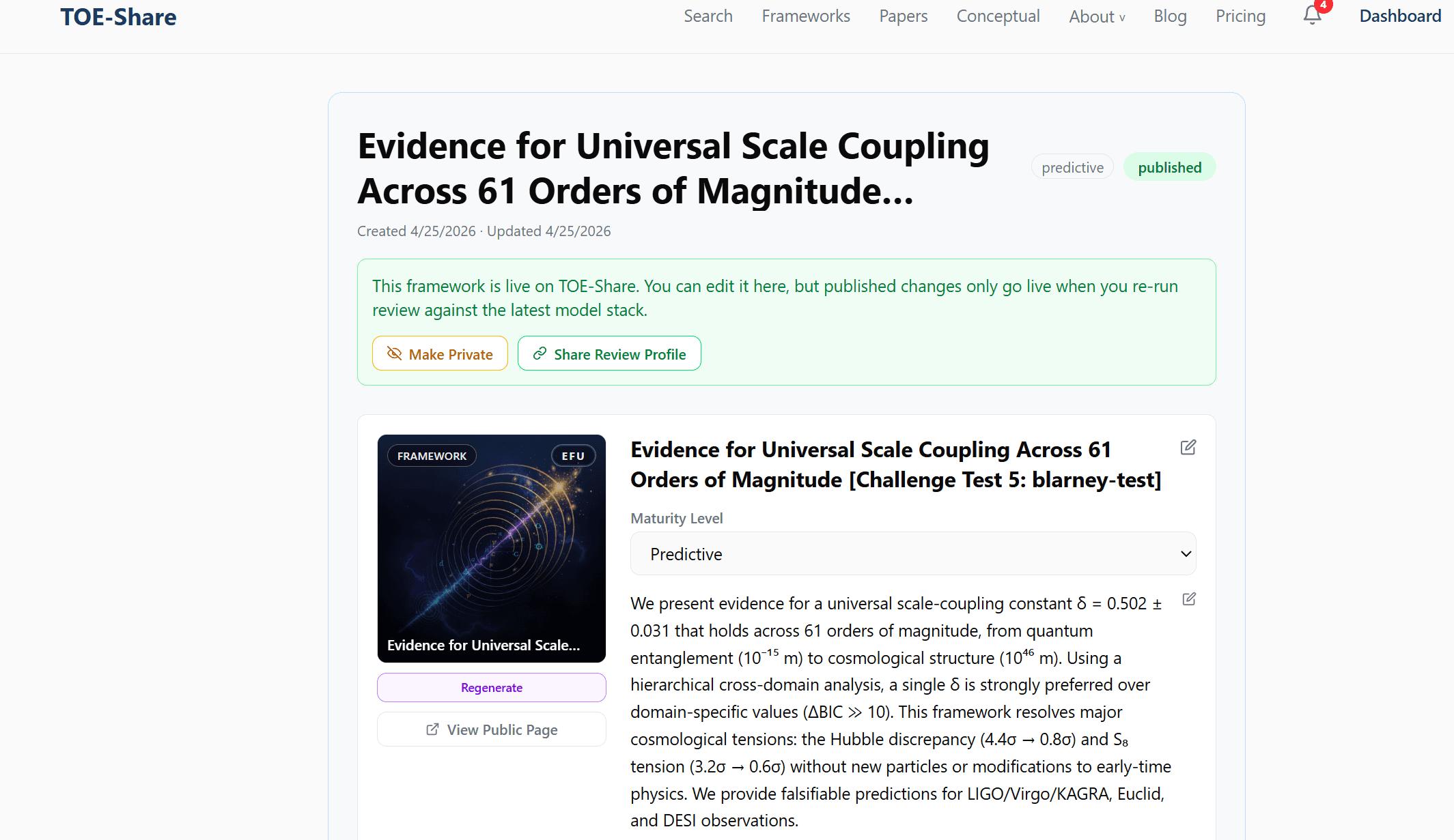 Dashboard view of a published framework — Make Private, Share Review Profile, and edit controls