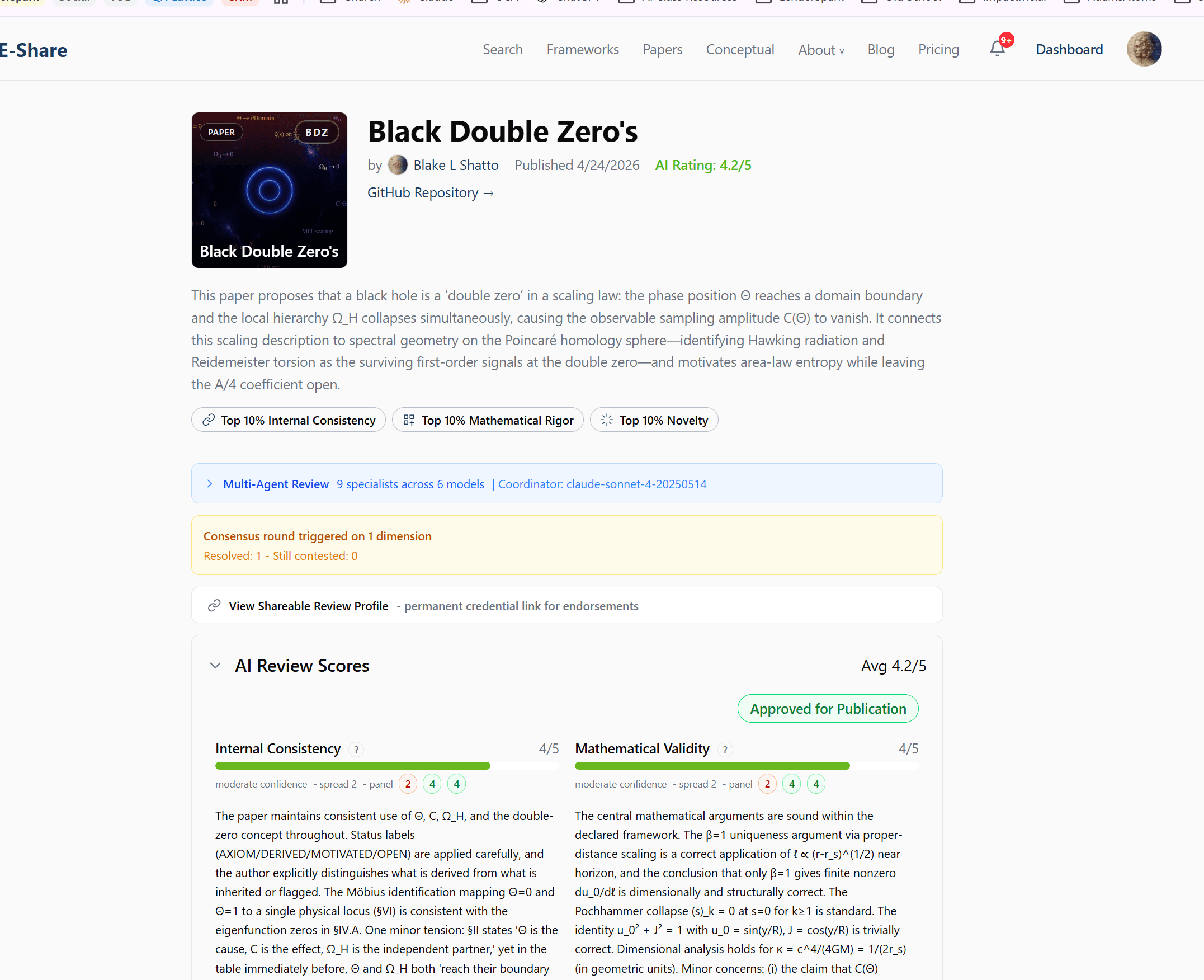 Published paper — public page with AI rating, badges (Top 10% Internal Consistency, Mathematical Rigor, Novelty), and Approved for Publication status