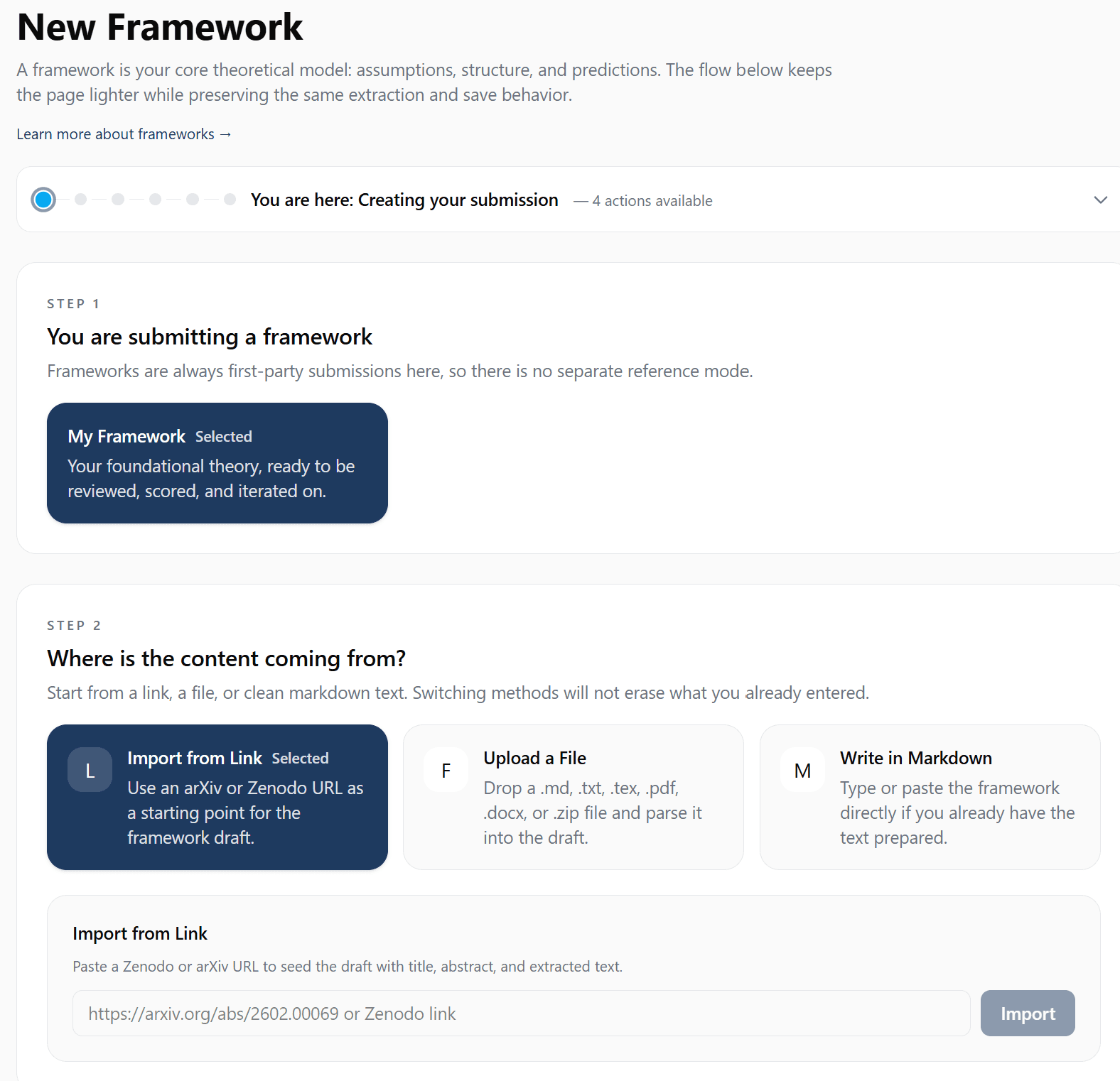 New Framework page — choose your submission type and content source, with the "You Are Here" journey guide at the top