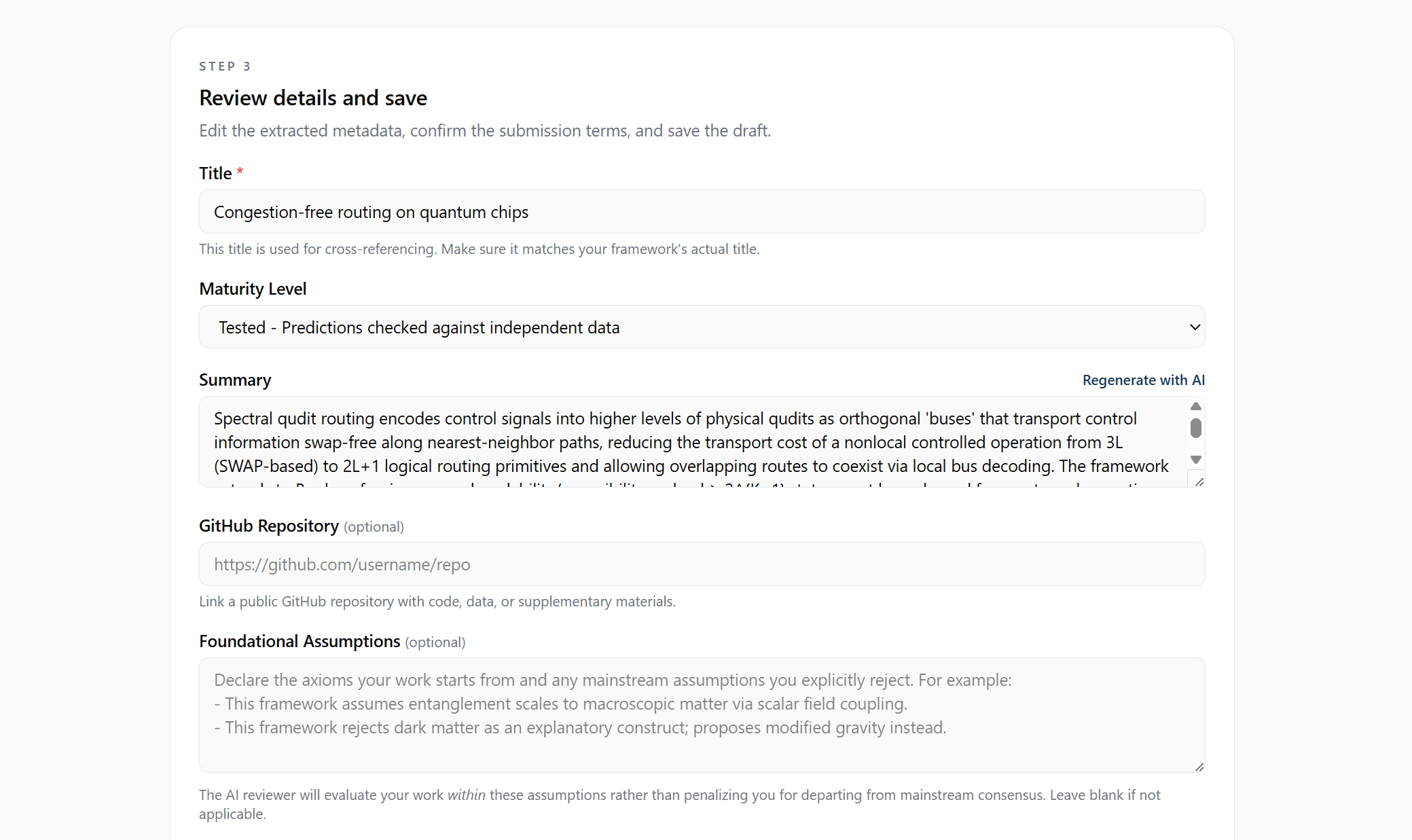 Review details step — title, maturity level, summary, GitHub repo, and the Foundational Assumptions field