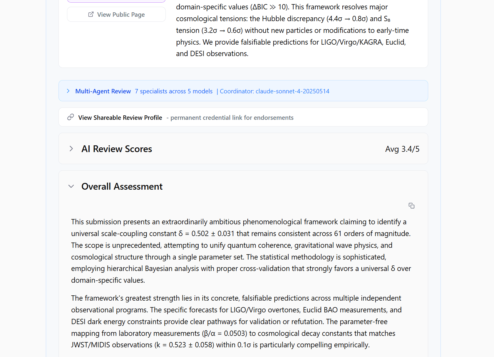 Review results — Multi-Agent Review banner, overall assessment, and average score