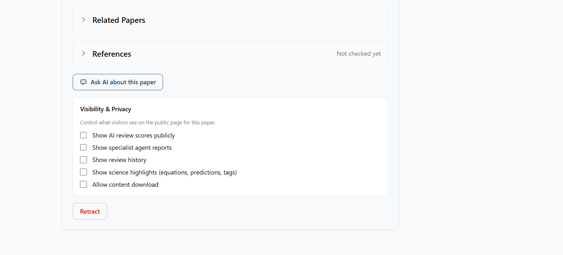 Dashboard tools — Ask AI button, Visibility & Privacy toggles, and Retract option